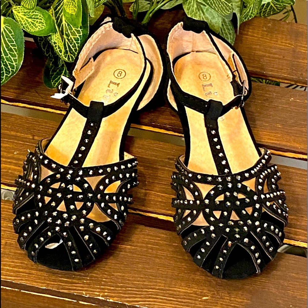 New!  Velvety Black Strappy Ankle Buckled Sandals With Rhinestones